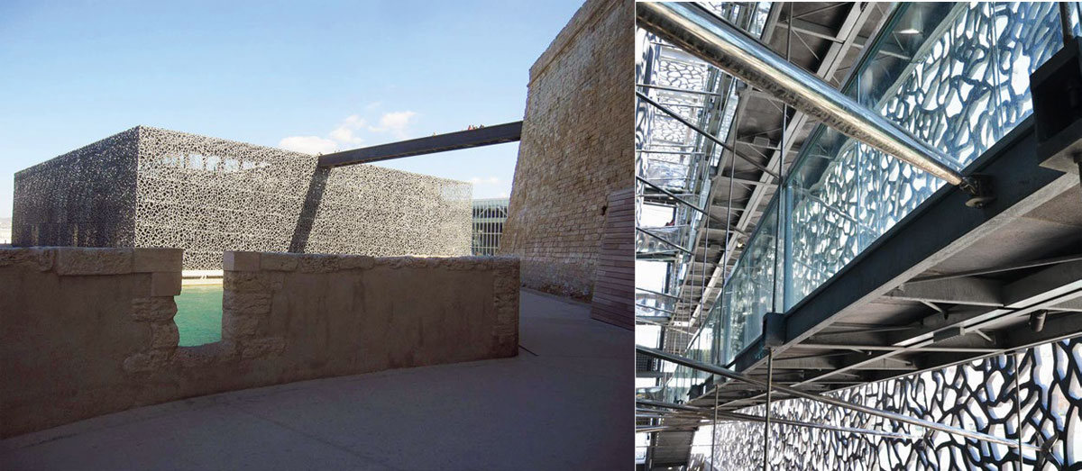 L’architecture du MuCEM qui a ouvert ses portes en 2013 à Marseille présente une résille extérieure de béton mat qui joue avec la lumière crue de la Méditérranée.