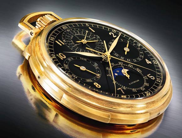 PROPERTY OF A MIDWESTERN FAMILY Patek Philippe RETAILED BY GÜBELIN: A HIGHLY IMPORTANT AND PROBABLY UNIQUE YELLOW GOLD OPEN-FACED PERPETUAL CALENDAR SPLIT-SECONDS CHRONOGRAPH MINUTE REPEATING WATCH WITH MOON PHASES AND BLACK DIAL REF 658 MVT 860075 CASE 614429 MADE IN 1937 Estimation 200,000 — 400,000 USD Lot. Vendu 527,000 USD 