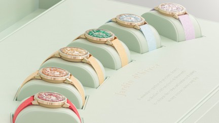 Jardin d’Hiver, un coffret édité en série limitée à 6 exemplaires renfermant 6 montres Lili Bouton en or rose et diamants dont chacun présente un cadran unique au choix en Opale rouge, Opale Fanta du Chiapas mexicain, Opale jaune du Brésil, Chrysoprase Australienne, Topaze d’Arizona et Améthyste Péruvienne... CHF 230'000 © Beauregard