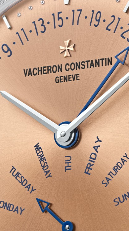 Patrimony in platinum, 42.5mm diameter, automatic movement, retrograde day and date, leather strap. CHF 62,000, © Vacheron Constantin