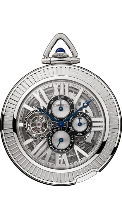 The Rotonde de Cartier Grand Complication comes in a 56 mm white gold case with diamonds. It is equipped with an automatic skeleton movement featuring a tourbillon and a perpetual calendar (days, months, date and leap-year indication) © Cartier