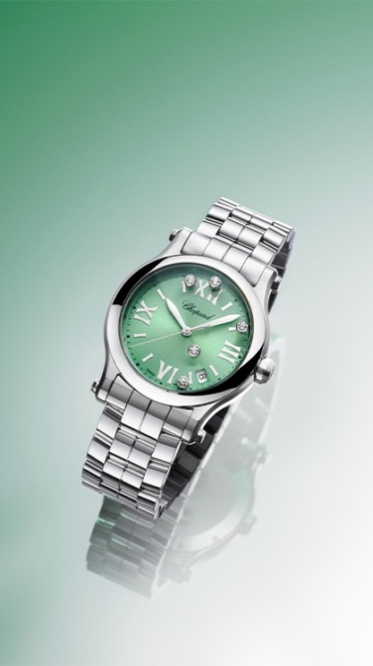 Happy Sport in recycled steel and diamonds, 36mm diameter, quartz movement, date in an aperture, recycled steel bracelet, CHF 7,270. © Chopard