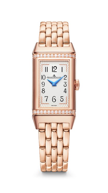 Reverso One Duetto in rose gold and diamonds, 40 x 20mm, manual-winding movement, rose gold bracelet, CHF 38,700. © Jaeger-LeCoultre