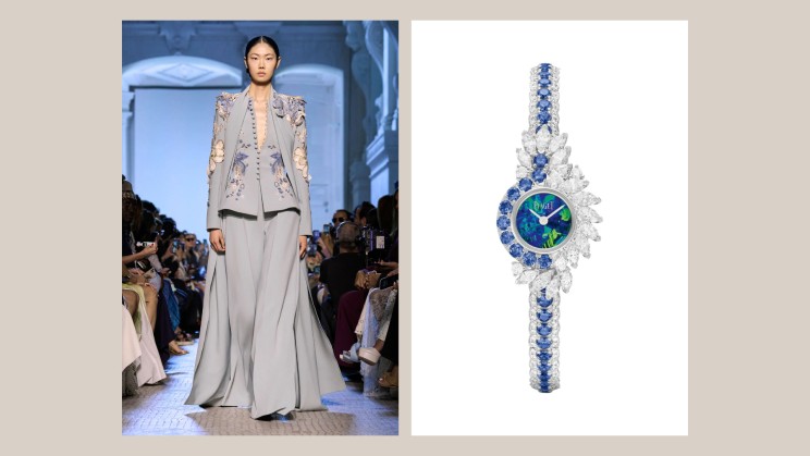 Piaget Treasures High Jewellery watch and Elie Saab jacket and trousers – Look 6, Haute Couture Fall-Winter 2024 © Piaget, Elie Saab 
