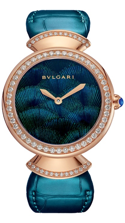 Diva’s Dream Peacock in pink gold, diamond-set bezel and lugs, 33 mm diameter, quartz movement, leather strap © Bulgari