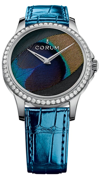 Heritage Artisans Feather in steel, diamond-set bezel, 39 mm diameter, automatic movement, leather strap ©&nbsp;Corum
