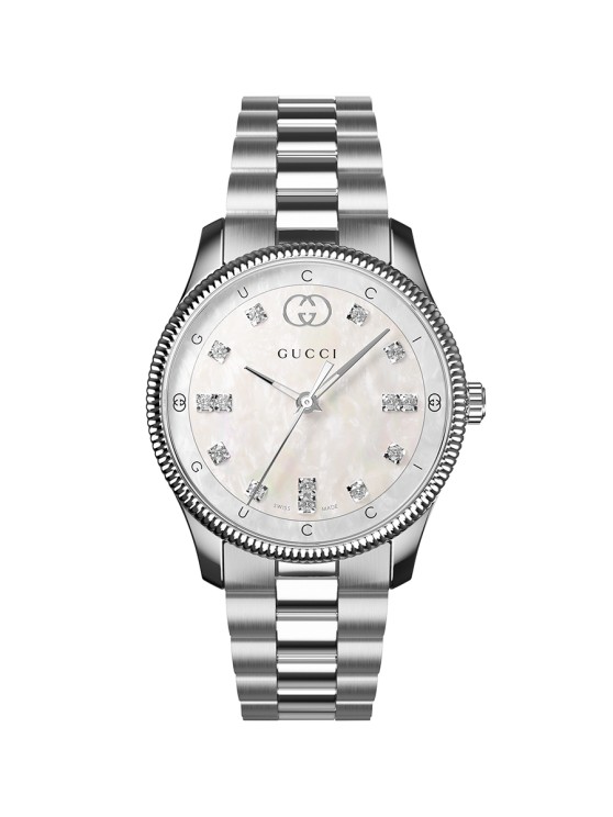 G-Timeless Steel in silver mother-of-pearl with diamonds at indexes in 29mm © Gucci