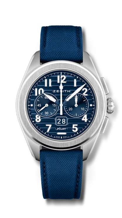 Pilot en acier, 42, 5 mm de diamètre, mouvement chronographe flyback automatique avec grande date, bracelet textile. Zenith. CHF 11'400. © Zenith