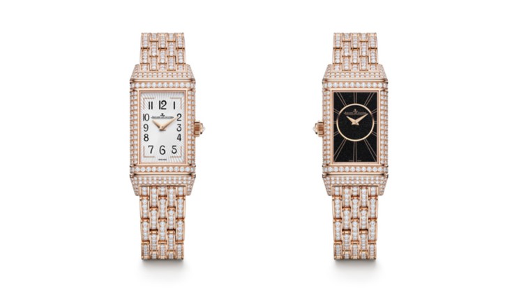 Reverso One Duetto en or rose et diamants, 40 x 20 mm, mouvement à remontage manuel, bracelet en or rose et diamants. CHF 122’000.- © Jaeger LeCoultre