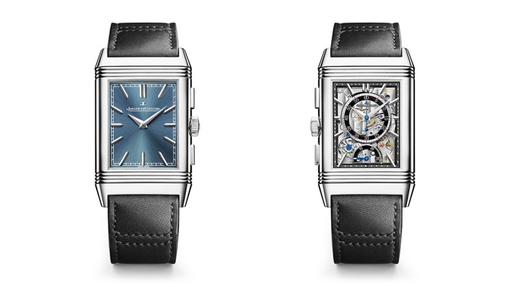 Reverso Tribute en acier, 49,4 x 29,9 mm, mouvement chronographe à remontage manuel, bracelet interchangeable en cuir. CHF 23'900.- © Jaeger LeCoultre