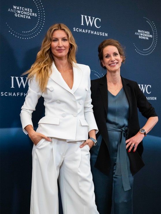 Gisele Bündchen and IWC Schaffhausen CMO Franziska Gsell at the IWC Schaffhausen booth at Watches and Wonders Geneva on Tuesday, April 9, 2024 in Geneva, Switzerland © Harold Cunningham/Getty Images for IWC Schaffhausen