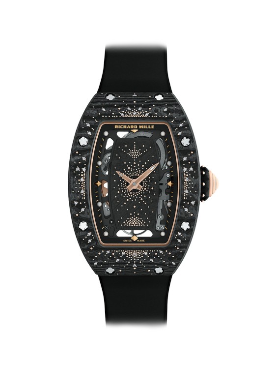 RM 07-01 Intergalactique en carbone, or rouge et diamants, 31, 4 x 45, 66 mm, mouvement squelette automatique, bracelet en caoutchouc © Richard Mille