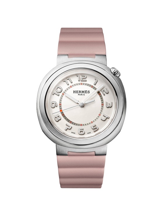 Cut en acier, 36 mm de diamètre, mouvement automatique, bracelet interchangeable en caoutchouc © Hermès