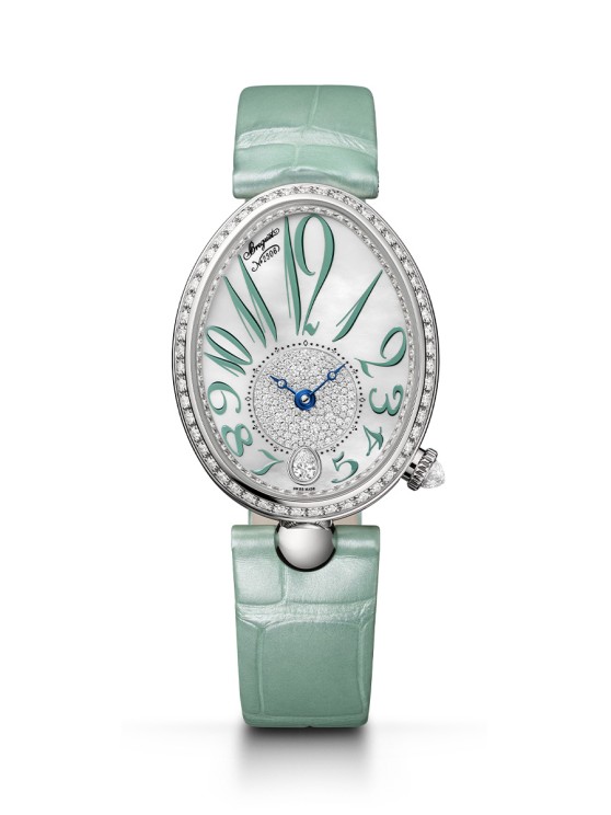 2-	Reine de Naples 8918 en or blanc, lunette sertie de diamants, cadran en nacre et diamants, mouvement automatique, bracelet en cuir © Breguet