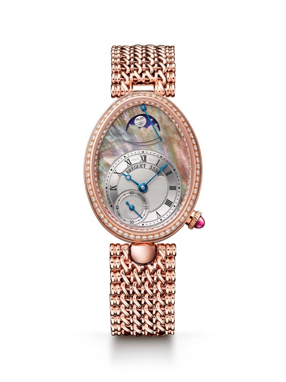 5-	Reine de Naples 8908 en or rose, lunette sertie de diamants, cadran en nacre, mouvement automatique avec petite seconde et indicateurs de réserve de marche et des phases de Lune, bracelet en or rose ©&nbsp;Breguet