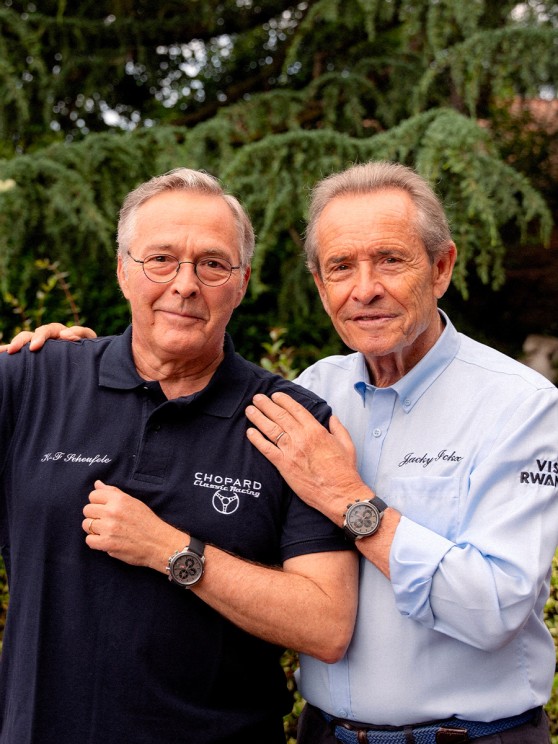 Karl-Friedrich Scheufele and Jacky Ickx at the 1000 Miglia 2024 wearing their Mille Miglia GTS Chronos © Chopard