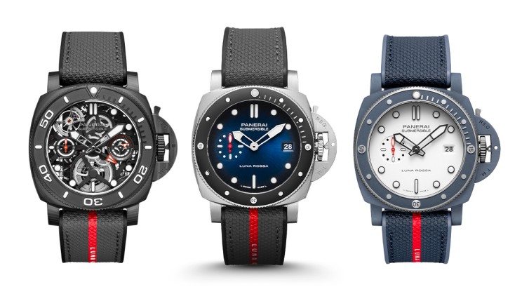 Panerai Submersible Tourbillon GMT Luna Rossa Experience (45 mm) CHF 172’300.–, Panerai Submersible Luna Rossa (42 mm) online edition, CHF 10’100.–, Panerai Submersible QuarantaQuattro Luna Rossa Ti-CeramitechTM (44 mm), CHF 14’800.– © Panerai