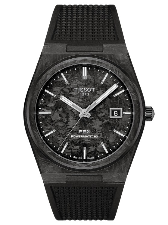 PRX Powermatic 80 en carbone forgé, 40 mm de diamètre, mouvement automatique avec date par guichet, bracelet en caoutchouc ©&nbsp;Tissot