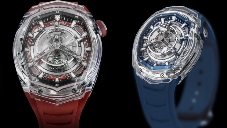 Maximus GR8 with a transparent sapphire case, red and blue dials  © Kerbedanz