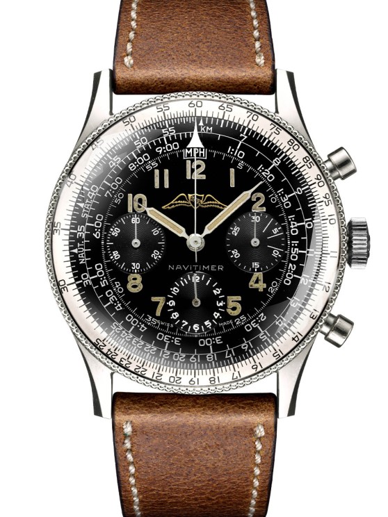 La Navitimer dans sa version originale, un chronographe en acier à trois compteurs dotés d’une règle à calculs circulaire © Breitling