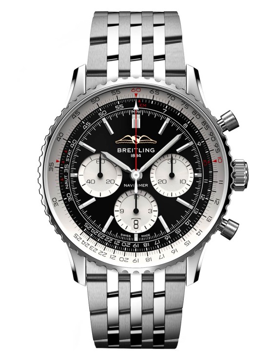 Chronographe Navitimer B01 en acier, 43 mm de diamètre, mouvement automatique avec date par guichet, bracelet en acier. CHF 9'100.- © Breitling