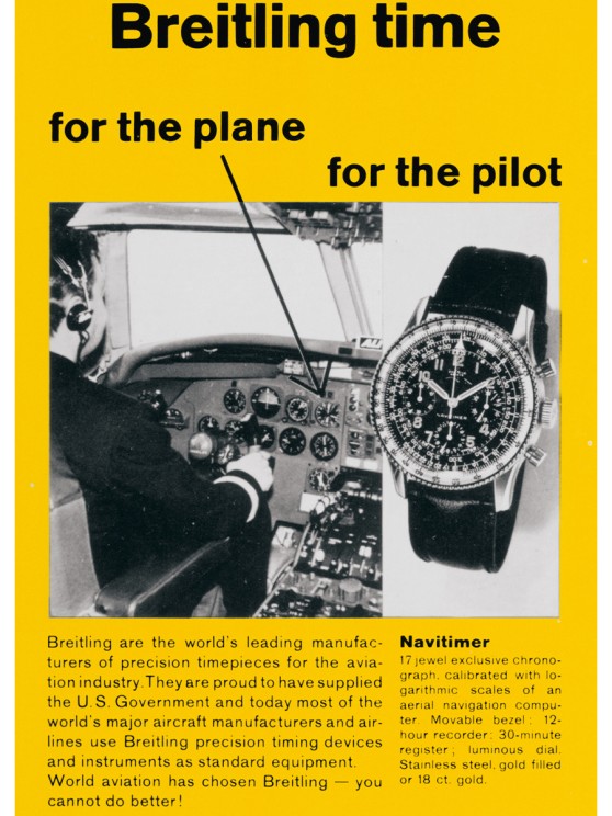 Publicité datant de la fin des années 50 faisant la promotion de la Navitimer comme l’incontournable instrument professionnel pour les pilotes © Breitling