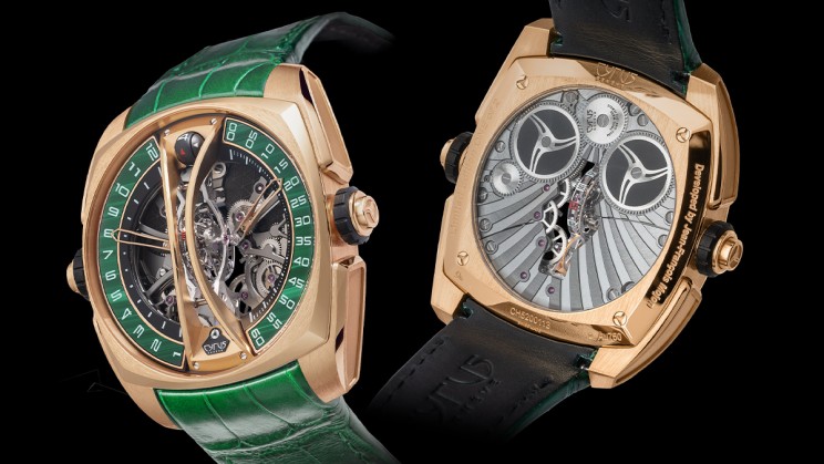Front and back of the Klepcys Vertical Skeleton Tourbillon Malachite ©&nbsp;Cyrus
