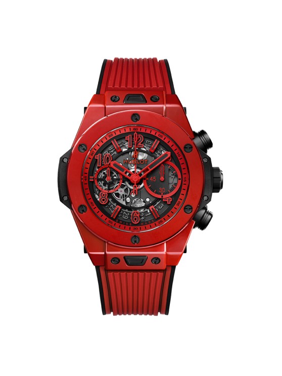 Chronographe Big Bang Unico Red Magic en céramique rouge, 45 mm de diamètre, mouvement squelette automatique avec date par guichet, bracelet en caoutchouc. Série limitée à 500 exemplaires ©&nbsp;Hublot 