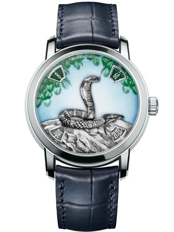 Métiers d’Art La Légende du Zodiaque en platine, 40 mm de diamètre, cadran en émail, mouvement automatique avec heures, minutes, jour et date par guichets, bracelet en cuir. Série limitée à 25 exemplaires © Vacheron Constantin