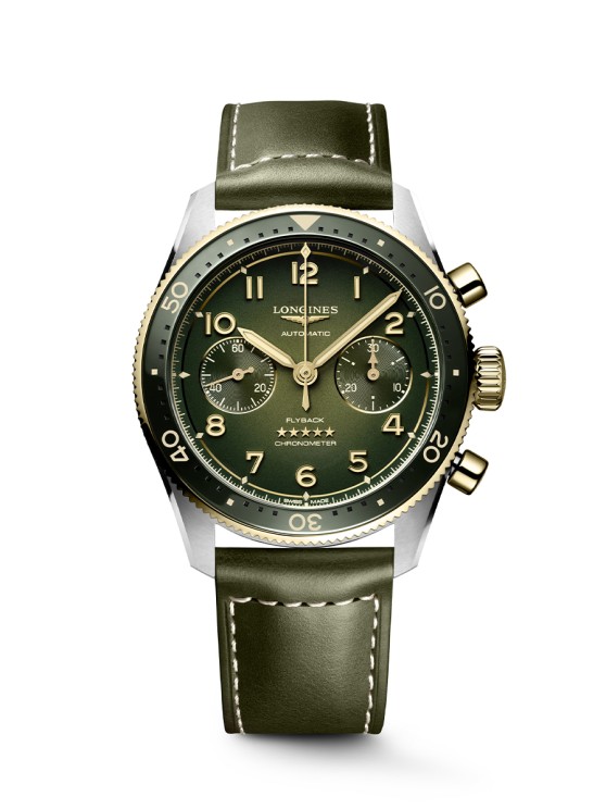 Spirit Flyback en acier, 42 mm de diamètre, mouvement chronographe automatique, bracelet en cuir © Longines