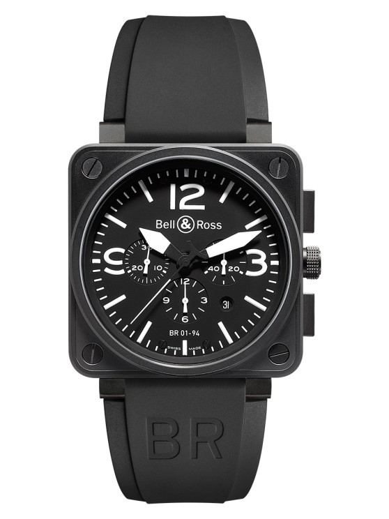 BR 01-94 en acier, 46 x 46 mm, mouvement chronographe automatique avec date par guichet, bracelet en caoutchouc © Bell and Ross