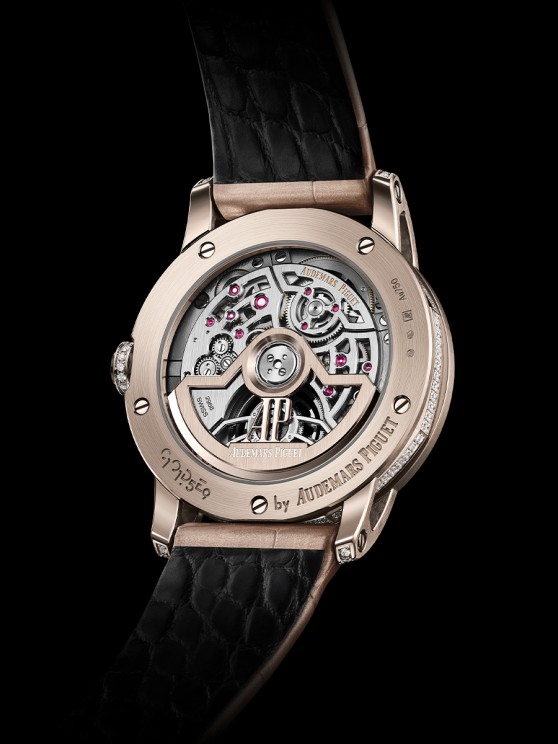 The new 38 mm Code 11.59 by Audemars Piguet Flying Tourbillon offers an elegant aesthetic with its 18-carat sand gold case set with brilliant-cut diamonds, sand gold-toned dial and beige alligator strap © Audemars Piguet