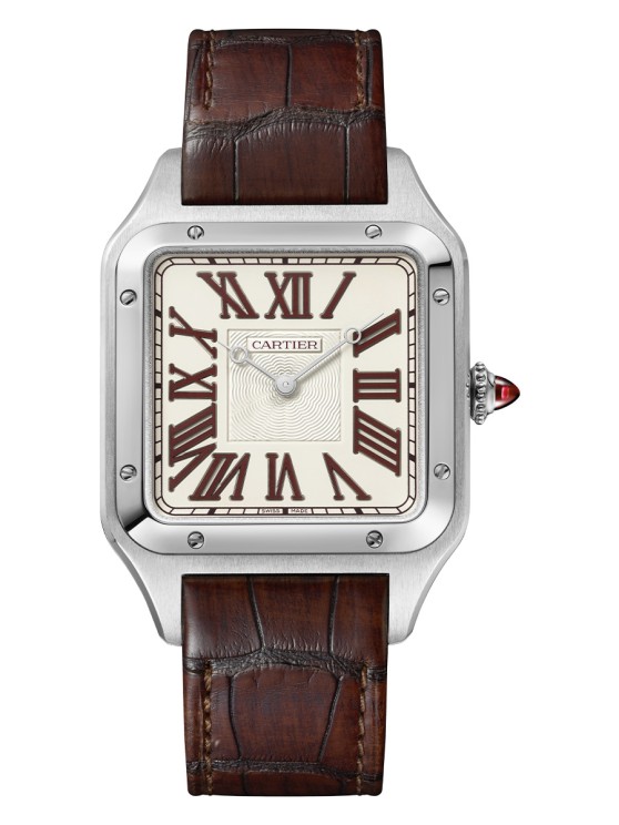  Santos-Dumont modèle XL en platine, calibre 430 MC à remontage manuel, bracelet en cuir. Série limitée et numérotée de 200 pièces. Antoine Pividori © Cartier.