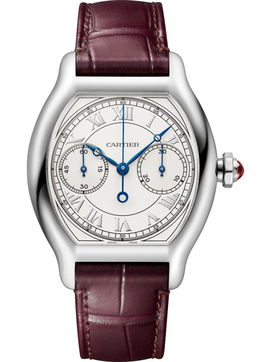  Tortue en platine, calibre 1928 MC chronographe monopoussoir à remontage manuel, bracelet en cuir. Série numérotée et limitée à 200 pièces. Antoine Pividori © Cartier.