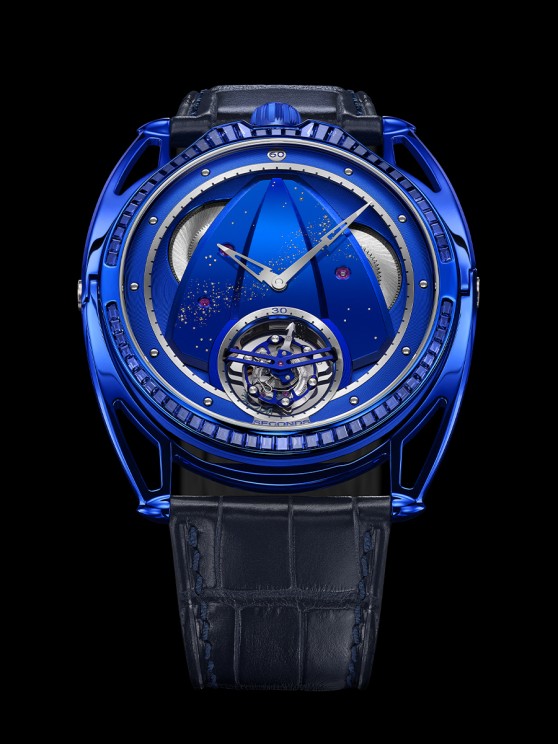 DB28XP Kind of Blue Tourbillon Saphire en titane à remontage manuel avec échappement à tourbillon et indicateur de réserve de marche au dos. CHF 280 000. © De Béthune