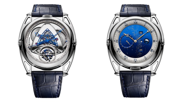 DB Kind of Grande Complication en titane à remontage manuel dont le boîtier réversible affiche une seconde sautante, un tourbillon, un indicateur des phases de lune sphérique, un indicateur des années bissextiles, un calendrier perpétuel indiquant le jour, le mois et la date, un indicateur de fin de réserve de marche et enfin un indicateur de l’âge de la lune. CHF 400&nbsp;000. © De Béthune