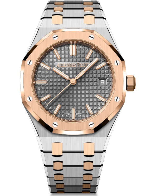 Royal Oak en acier et or rose, 34 mm de diamètre, mouvement automatique avec date par guichet, bracelet en acier et or rose. © Audemars Piguet