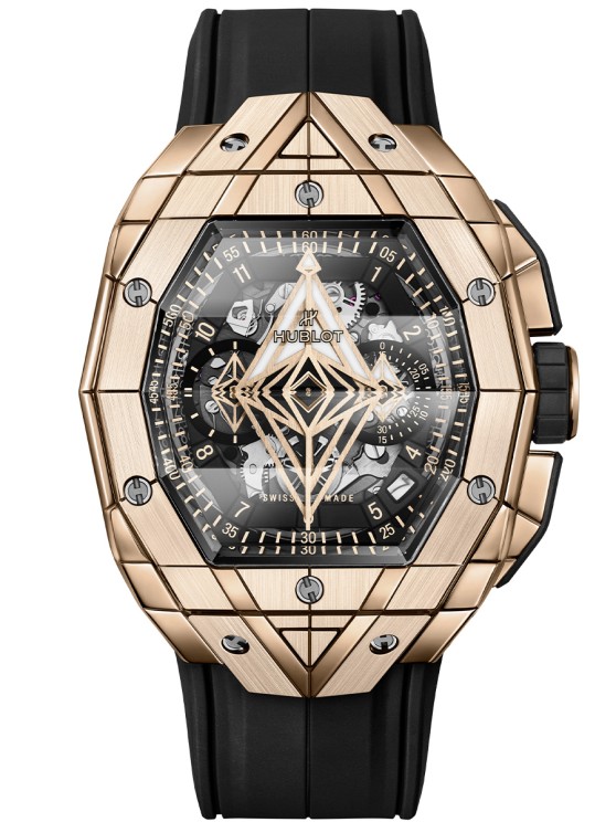 Montre Spirit of Big Bang Sang Bleu en King Gold, 42 mm de diamètre, mouvement chronographe squelette à remontage manuel avec date par guichet, bracelet en caoutchouc. © Hublot
