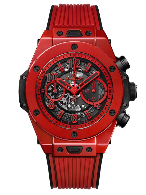  Chronographe Big Bang Unico Red Magic en céramique rouge, 45 mm de diamètre, mouvement squelette automatique avec date par guichet, bracelet en caoutchouc. Série limitée à 500 exemplaires. Hublot. CHF 26'900. © Hublot