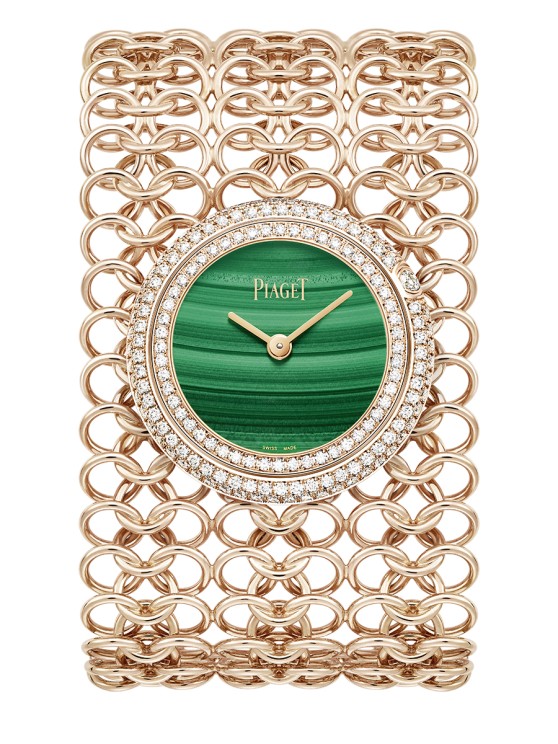 Montre manchette Possession en or rose et diamants, cadran en malachite, mouvement à quartz, bracelet tissé de chaînes en or rose. Piaget. CHF 64'000 © Piaget