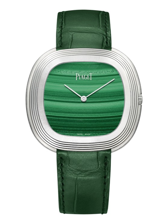 Montre Andy Warhol en or blanc, cadran en malachite, mouvement automatique, bracelet en cuir. Piaget. CHF 48'800 © Piaget