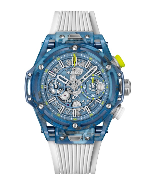 Un détail qui parle aux passionnés : un poussoir jaune comme une balle de tennis sur le court.&nbsp;&nbsp;©Hublot