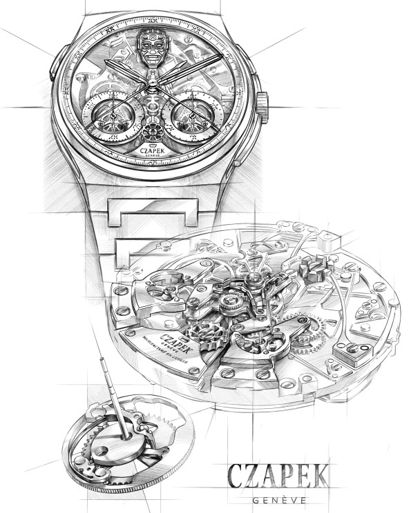 Sketch of the Antarctique Rattrapante ‘R.U.R.’ © Czapek & Cie. 