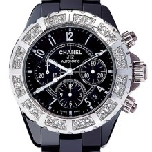 J12 Chronographe, céramique noire, lunette acier serti diamants