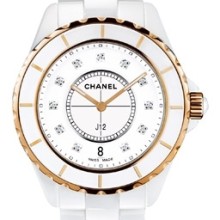 J12 Céramique blanche et or rose, cadran 11 index diamants