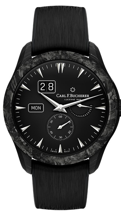 Manero Peripheral in forged carbon, 41.6mm diameter, automatic movement, large date, day in an aperture, power-reserve indicator, small seconds, rubber strap. Limited edition of 188 © Carl F. Bucherer