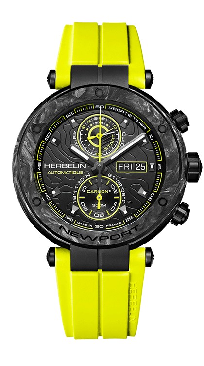Newport in forged carbon and DLC titanium, 46.5mm diameter, automatic chronograph movement with day and date in an aperture, elastomer strap. Limited edition of 500 © Michel Herbelin 