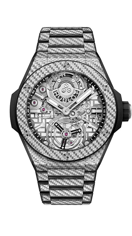 Big Bang Integrated in carbon fibre and Texalium, 43mm, automatic skeleton movement with tourbillon escapement, bracelet in carbon fibre, Texalium and titanium. Limited edition of 50 © Hublot