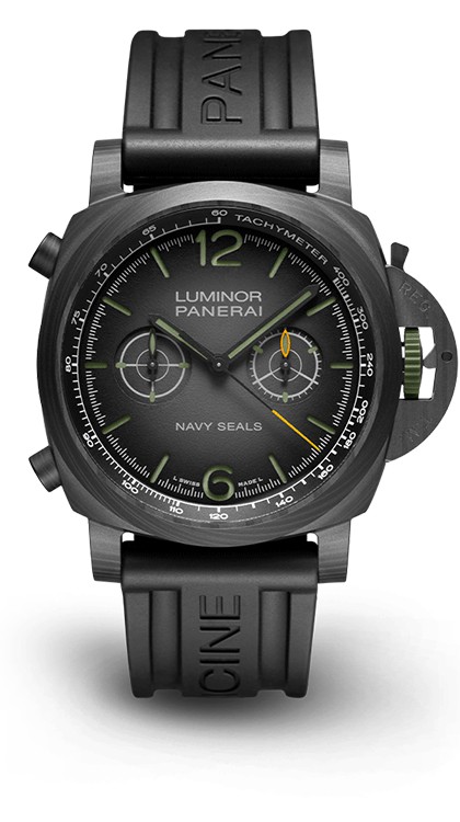 Luminor Marina Navy SEALs in Carbotech, 44mm diameter, automatic chronograph movement, rubber strap. Limited edition of 462 © Panerai