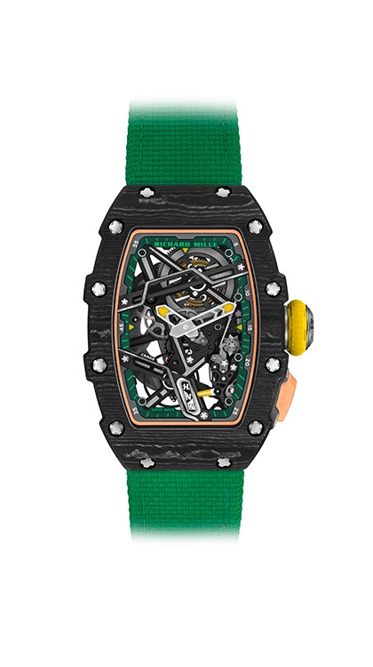 RM 07-04 in Carbon TPT, 30.5 x 45mm, automatic skeleton movement with function selector, rubber strap © Richard Mille